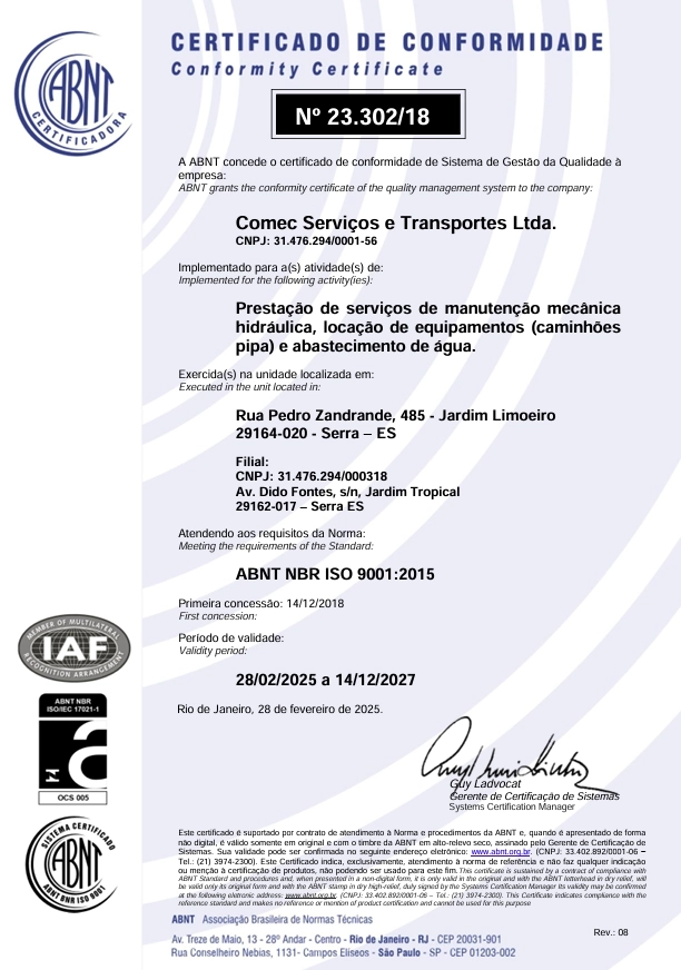 Certificado de conformidade ABNT NBR ISO 9001 da COMEC