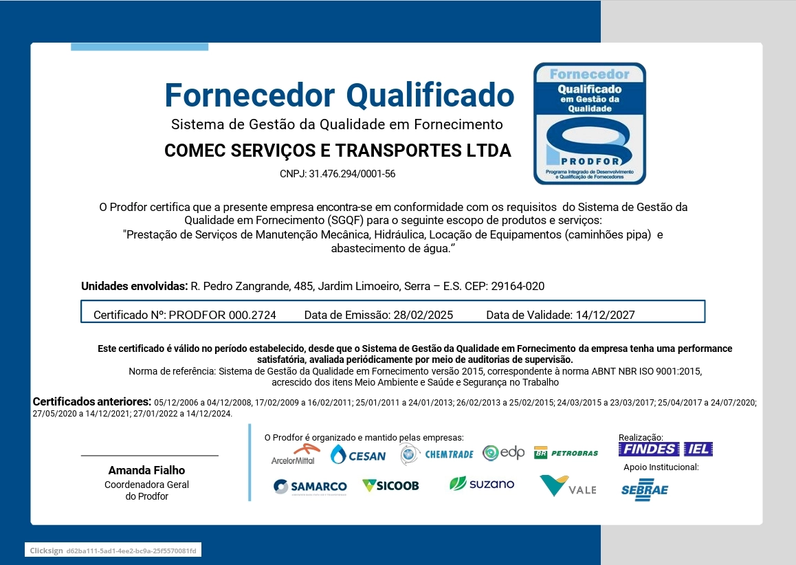 Certificado Prodfor de fornecedor qualificado da COMEC