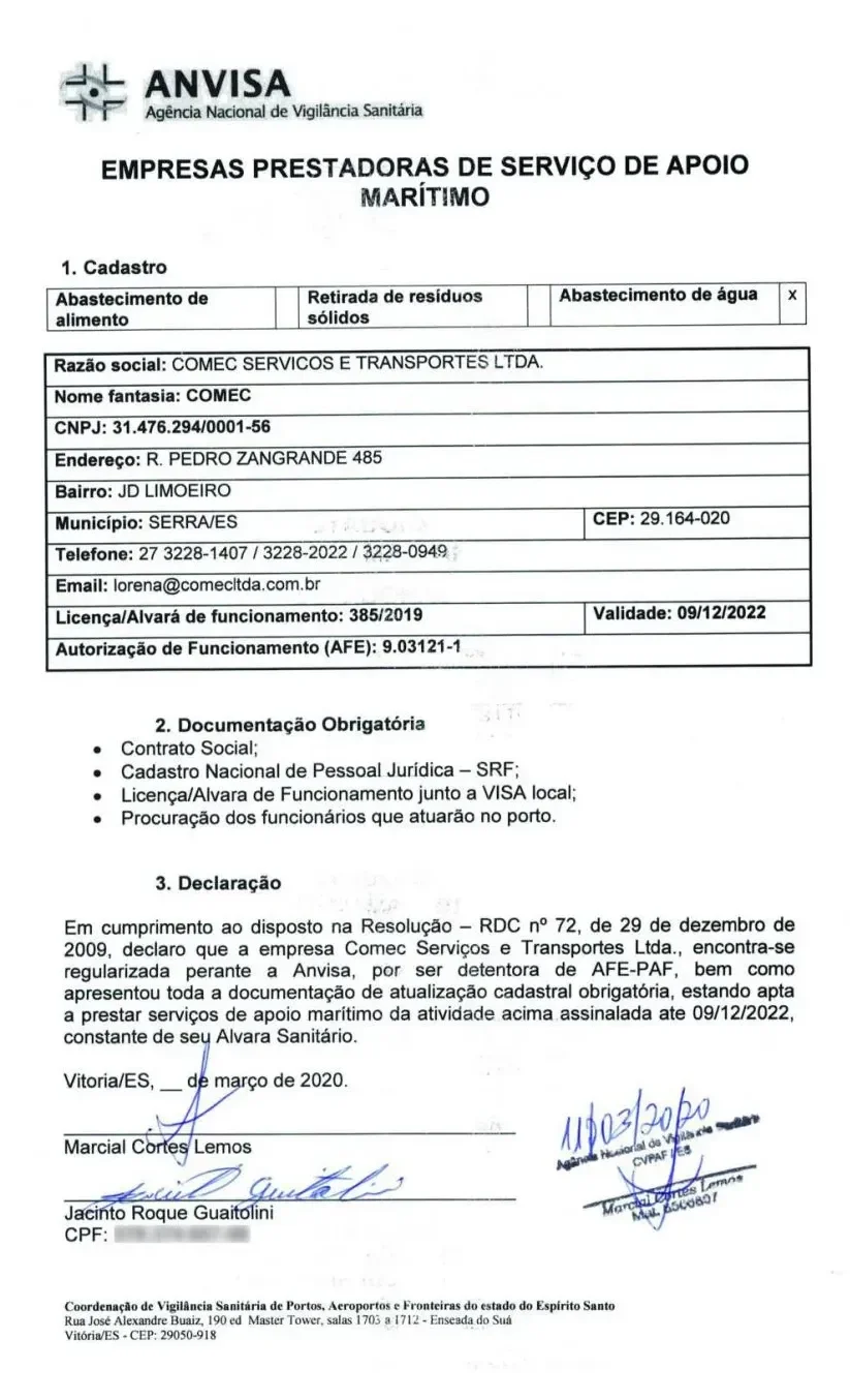 Cadastro da COMEC na Anvisa para prestação de serviço de apoio marítimo